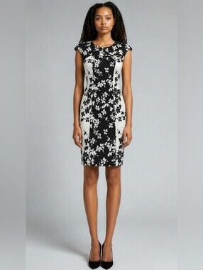 Taylor Black and White Floral Sleeveless Midi Sheath Dress Size 6